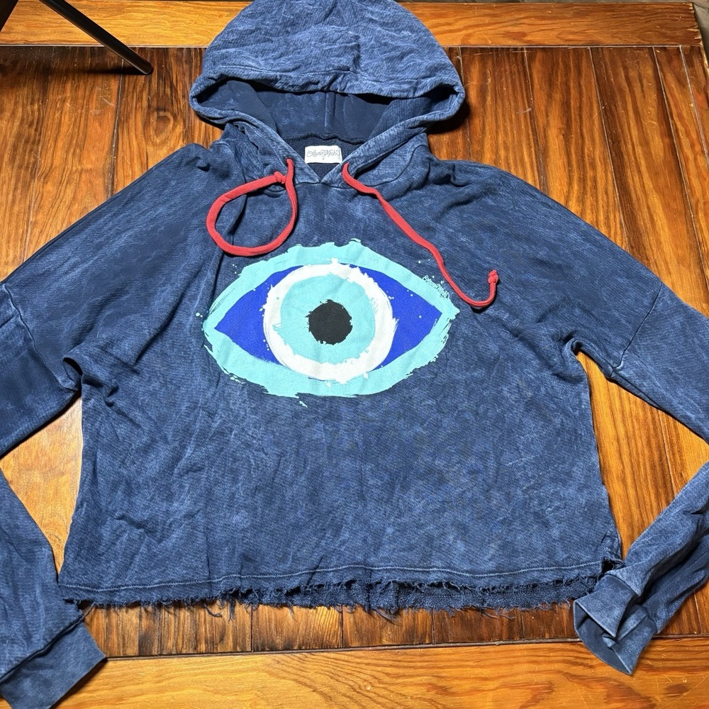 Lauren Moshi Raya Painted Evil Eye Pullover Cropped Hoodie Blue  Sz S A1280